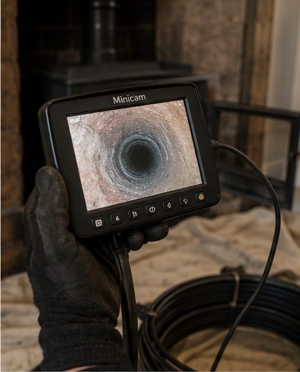 CCTV inspection monitor showing the inside of a swept chimney flue