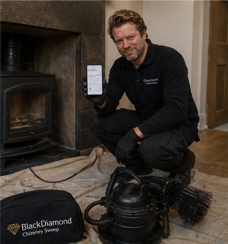 Christoff Berlage, NACS-registered chimney sweep, kneeling by a swept wood burner with Black Diamond equipment