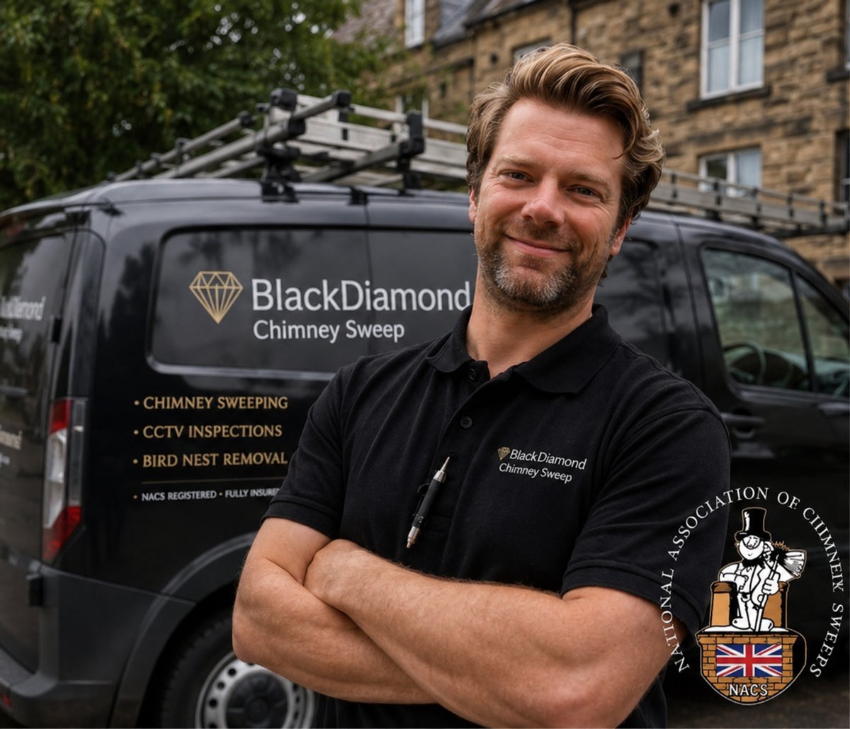 Christoff Berlage, NACS-registered chimney sweep, in front of the Black Diamond Chimney Sweep van in the North East