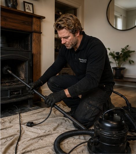 Christoff Berlage sweeping a wood burner with rods and sealed vacuum, dust sheets down