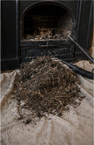 Jackdaw nest removed from a chimney and laid out on a dust sheet